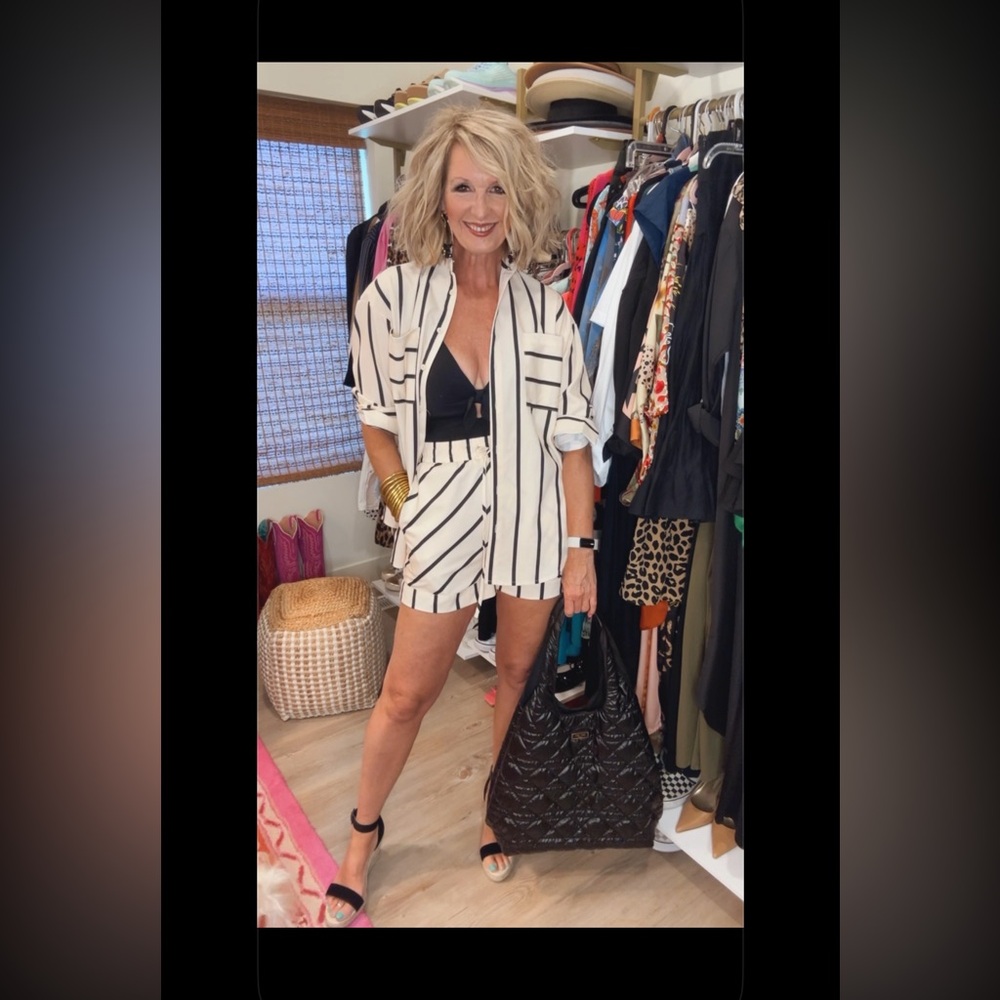 Striped Black/Cream Shorts & Button Up Set - Picture 10 of 16